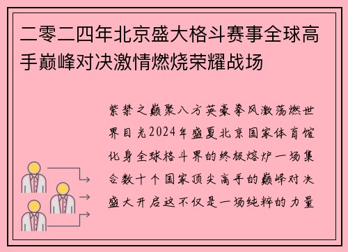 二零二四年北京盛大格斗赛事全球高手巅峰对决激情燃烧荣耀战场